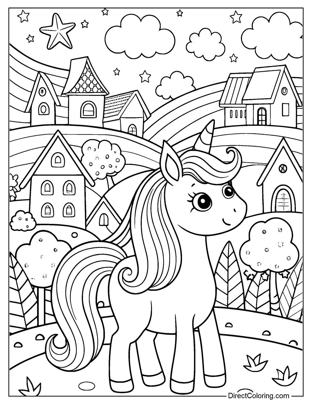 Unicorn in a Village Coloring To Print